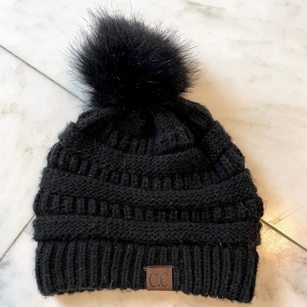 C.C., black knit pompom beanie, one size fits most, cute warm cozy winter gear